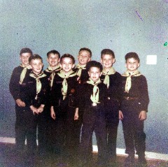 cub scout den back row David King, Jim Macdonald, Johnny Meade, Stan Kulikowski, Danny Dorrough; front Greggy Scott, Hughie Evans, Danny Little